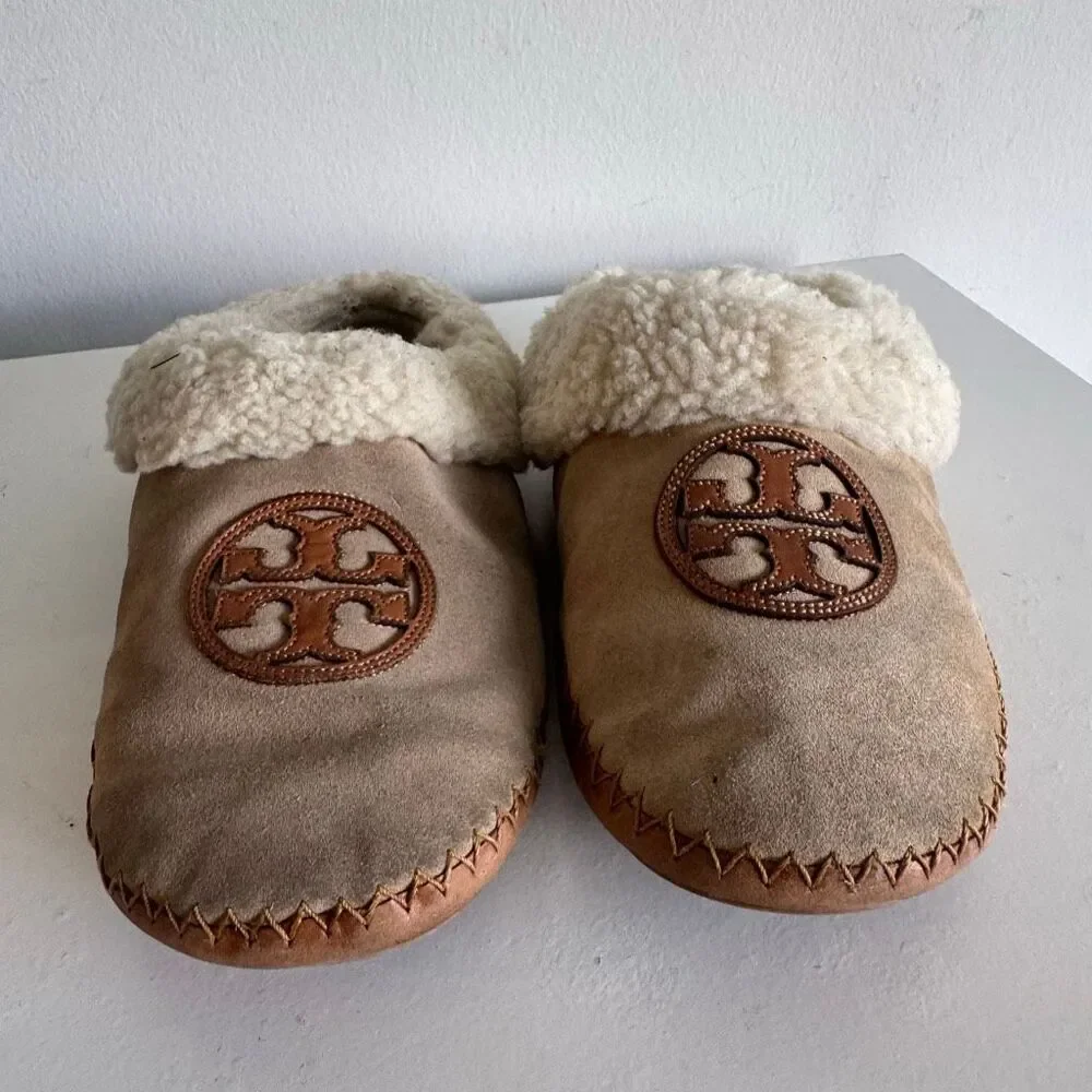 Tory Burch Coley Calf Leather Sherpa Lined Slippers Size 7